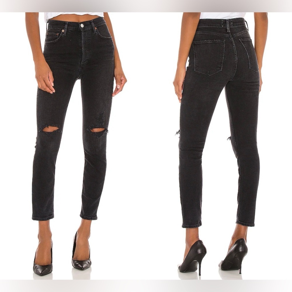 Agolde Nico High Rise Slim Straight Distressed Jeans Cassette Black Sz 25